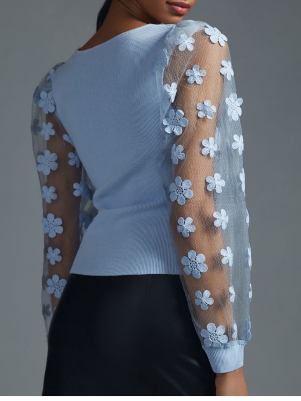 Anthropologie Dolan Sheer Sleeve Applique Sweater Light Blue Knit V-Neck Medium - Picture 4 of 12